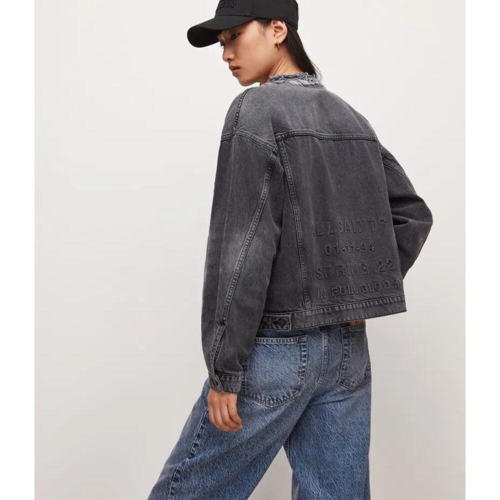 All Saints Bloom oversized logo black denim jacket size 2 - Picture 2 of 6